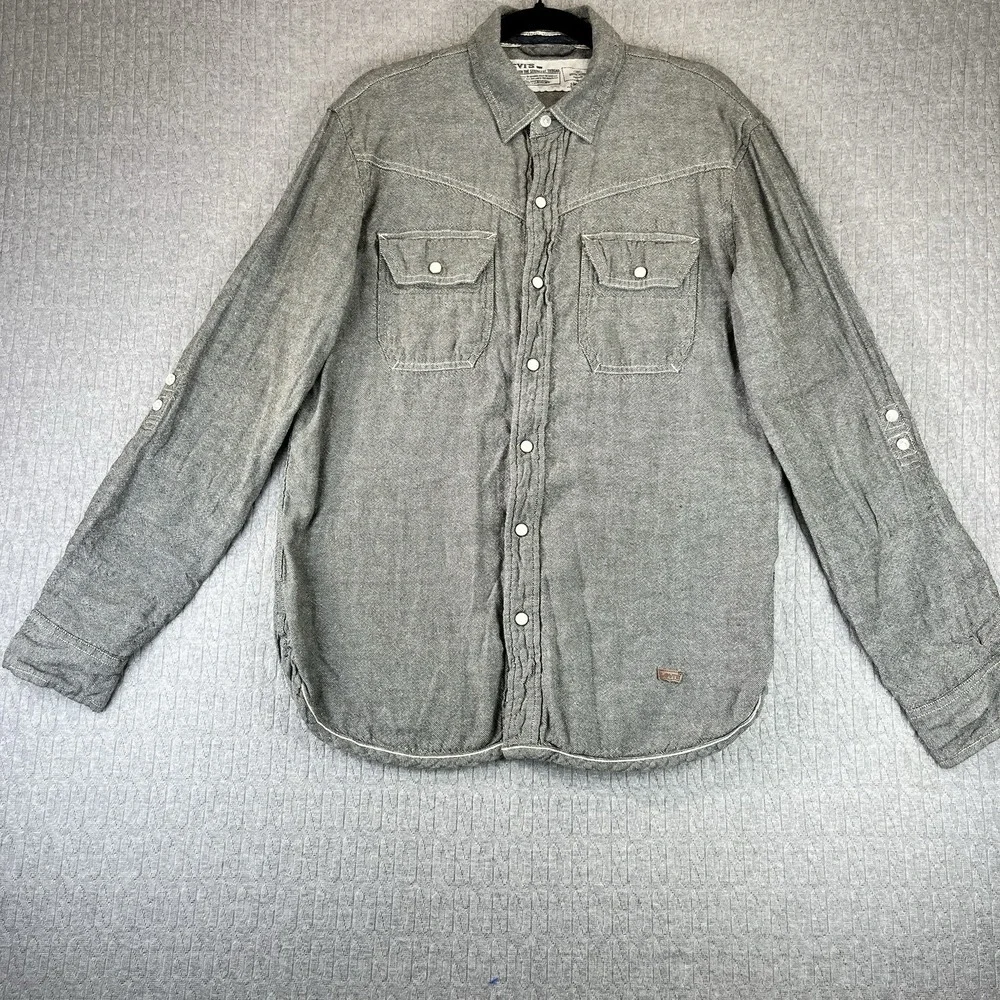 Levis Western Shirt Mens Small Gray Linen Blend Pearl‎ Snap Long Sleeve 3LDLW060